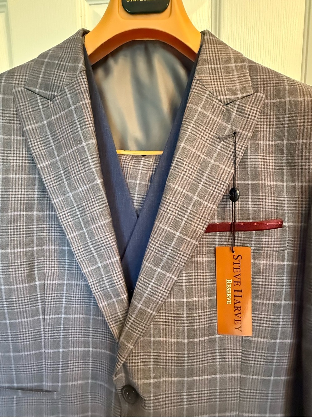Sharp Steve Harvey Gray blue red white Plaid Men's Suit